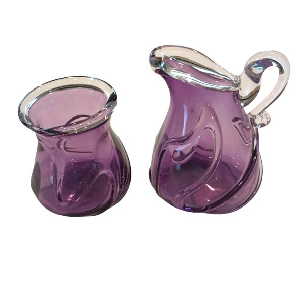 Vintage Hand Blown Swirled Purple Amethyst Glass Sugar and Creamer SIGNED - Picture 1 of 4